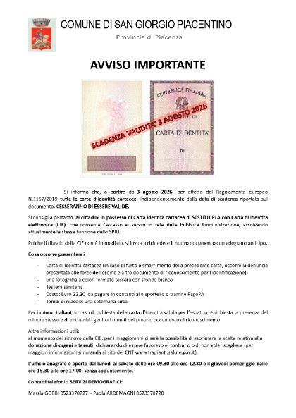 Cessazione validità carte di identità cartacee dal 3 agosto 2026 Cessazione validità carte di identità cartacee dal 3 agosto 2026