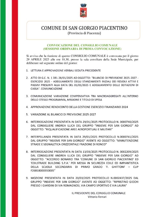 Consiglio Comunale 29 aprile 2025