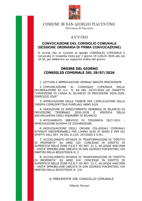 Avviso convocazione Consiglio Comunale 29 luglio